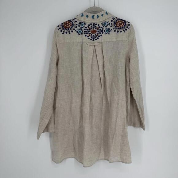 John Mark Shirt small s tan linen embroidered tunic beachy tropical cruise - Picture 4 of 5